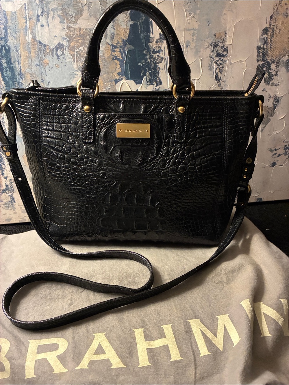 EUC !!Brahmin Melbourne Black Croc-Embossed Satchel with Gold Hardware